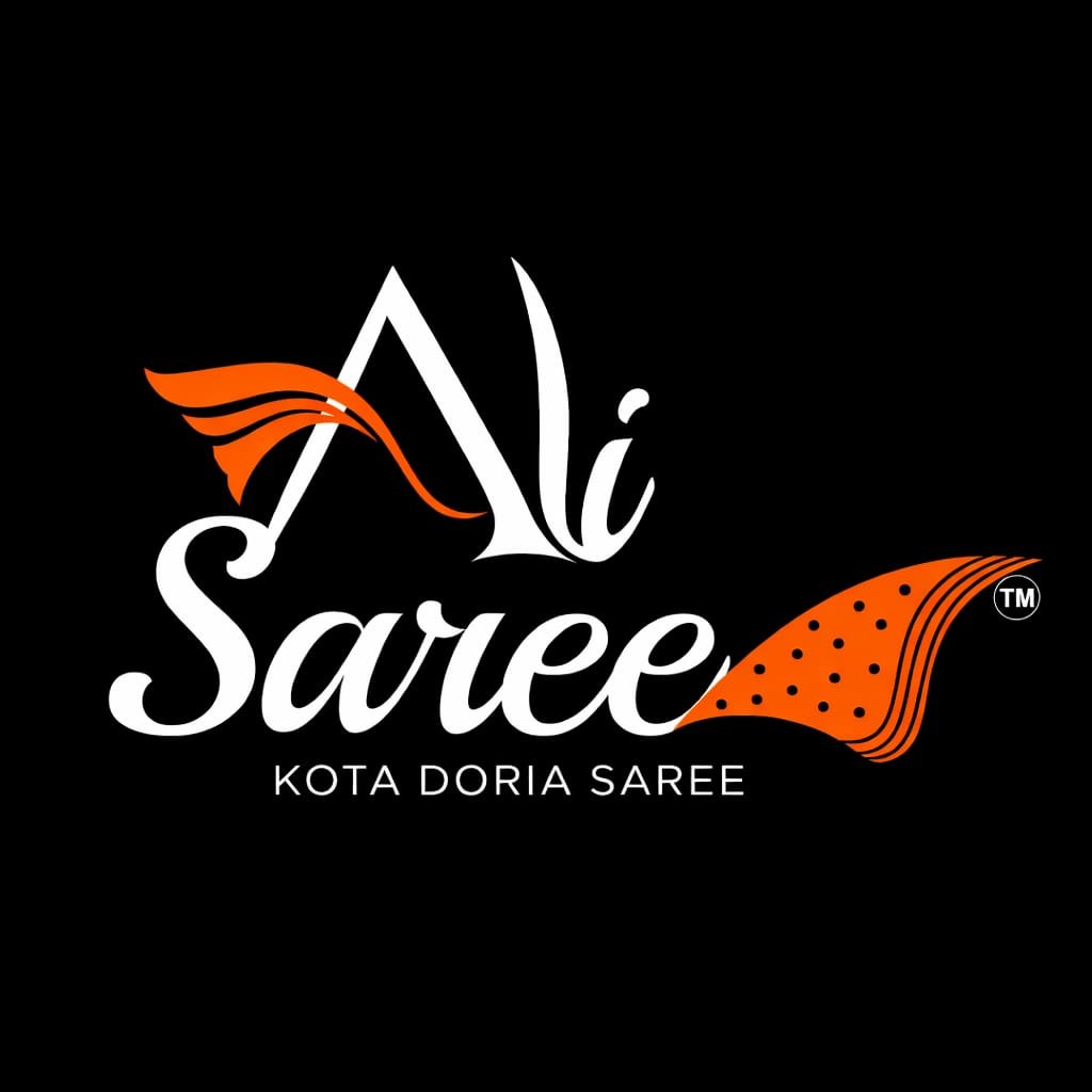 Logo for “Ali Saree – Kota Doria Saree,” featuring elegant white cursive lettering with orange saree-inspired decorative motifs on a black background and a trademark symbol.