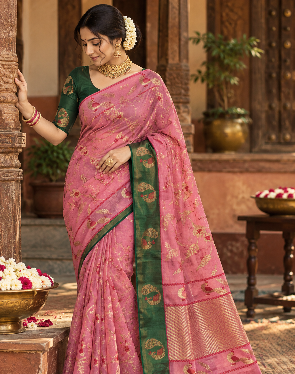 Onion pink woven saree with contrasting green and gold zari border, paired with dark green blouse – festive ethnic wear for women.