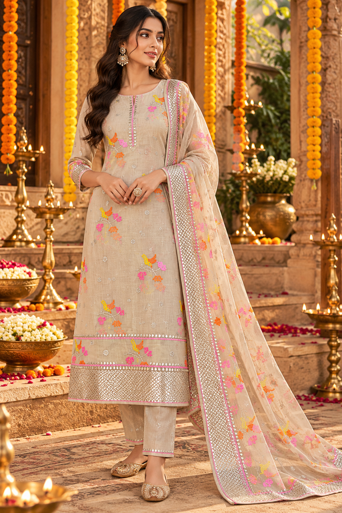 Attire: A finely textured, straight-cut Kurta and matching trousers paired with a lightweight dupatta. The ensemble is beautifully adorned with intricate floral and bird embroidery in vibrant shades of pink, orange, and yellow, complemented by shimmering gota patti work along the hemlines and borders.